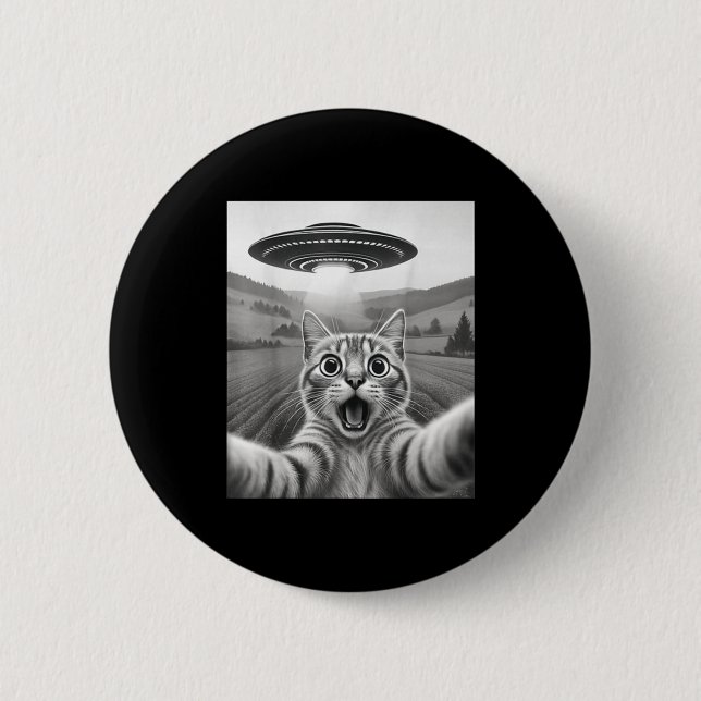 Katzen-Selfie mit Alien-Ufo Lustige Katzen-Geschen Button (Vorderseite)