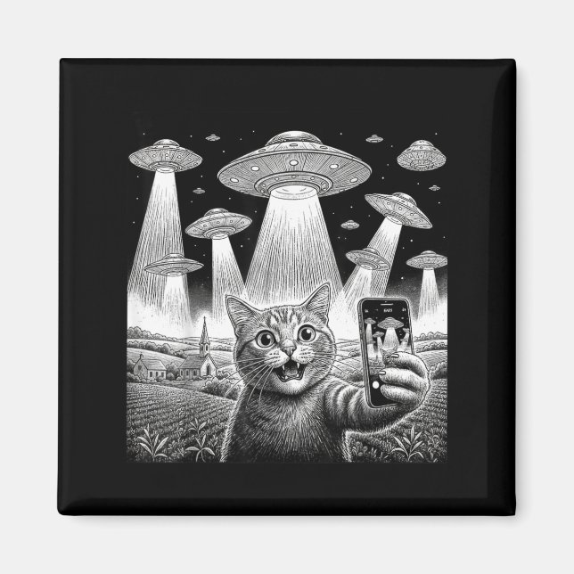 Katzen-Selfie mit Alien-UFO Lustige Katzen-Geschen Magnet (Vorne)