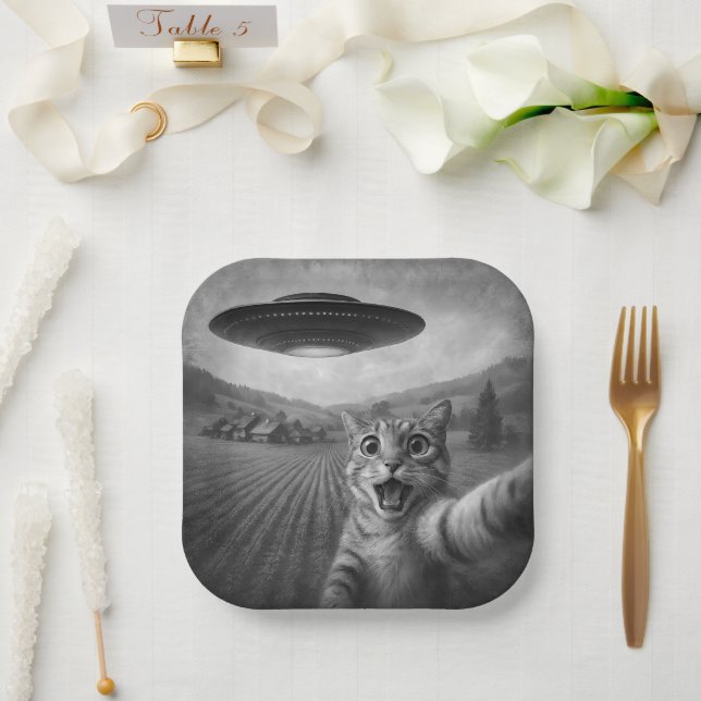 Katzen-Selfie mit Alien-UFO Lustige Katzen-Geschen Pappteller (Hochzeit)