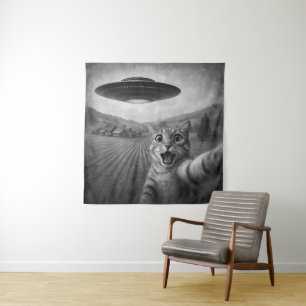 Katzen-Selfie mit Alien-UFO Lustige Katzen-Geschen Wandteppich