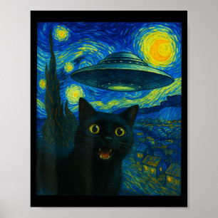 Katzen-Selfie mit Alien-Ufo-Nacht Van Gogh Männer Poster