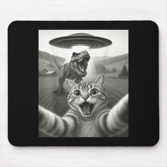 Katzen-Selfie mit Alien-Ufo und T-Rex-Dinosaurier- Mousepad (Vorne)