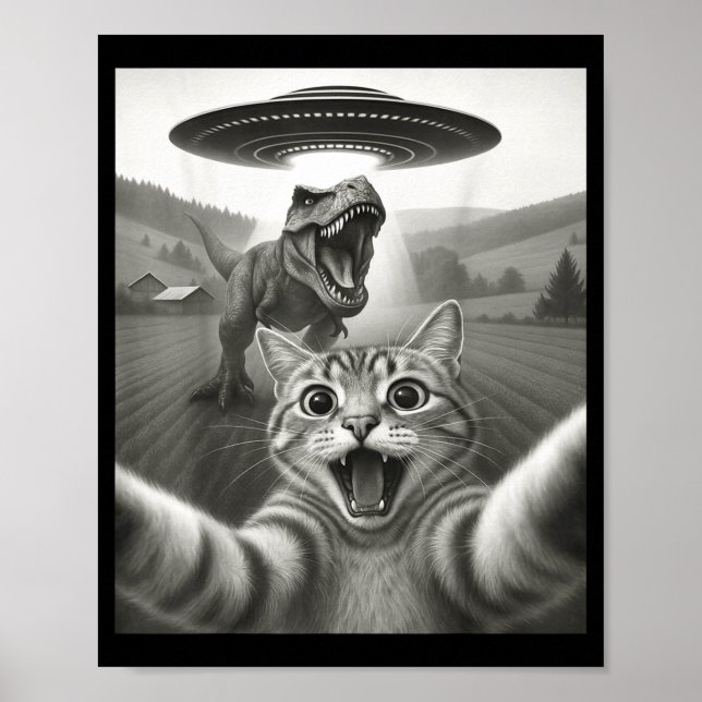 Katzen-Selfie mit Alien-Ufo und T-Rex-Dinosaurier- Poster (Vorne)