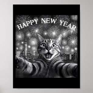 Katzen-Selfie mit Feuerwerk-Zählung Lustig Frohes Poster
