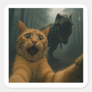 Katzen-Selfie mit T-Rex-Dinosaurier-Komödie-Tier Quadratischer Aufkleber