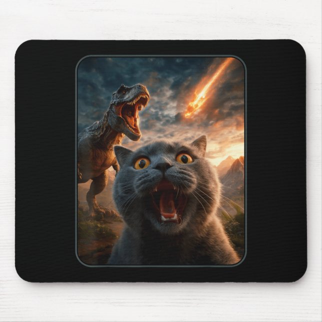Katzen-Selfie mit T-Rex-Dinosaurier Lustiges Katze Mousepad (Vorne)