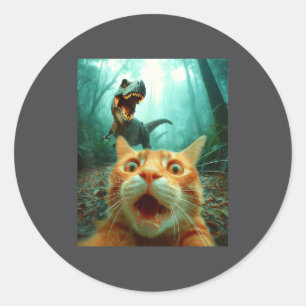 Katzen-Selfie mit T-Rex-Dinosaurier Trex Dino Männ Runder Aufkleber