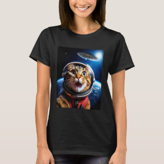 Katzen-Selfie mit UFO Lustige Weltraum-Galaxie-Gra T-Shirt