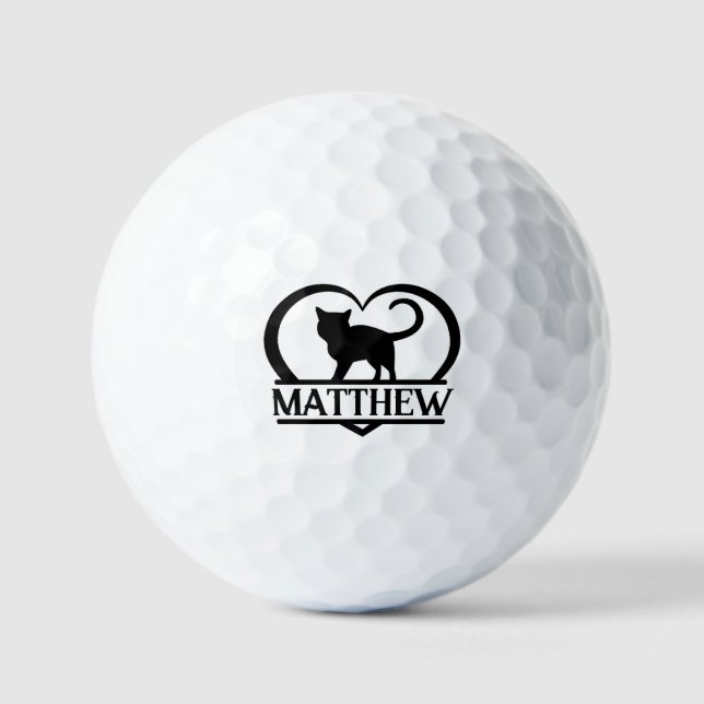 Katzen-Silhouette Herz geteiltes Monogramm Golfball (Vorderseite)