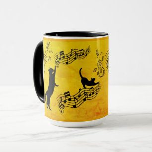 Katzen sind wie Musik: Notenlinien und Gitarren in Tasse