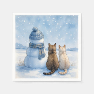 Katzen sitzen mit einem Schneemann auf einem Feld Serviette