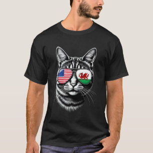 Katzen-Sonnenbrille-Design Wales USA-Flagge T-Shirt