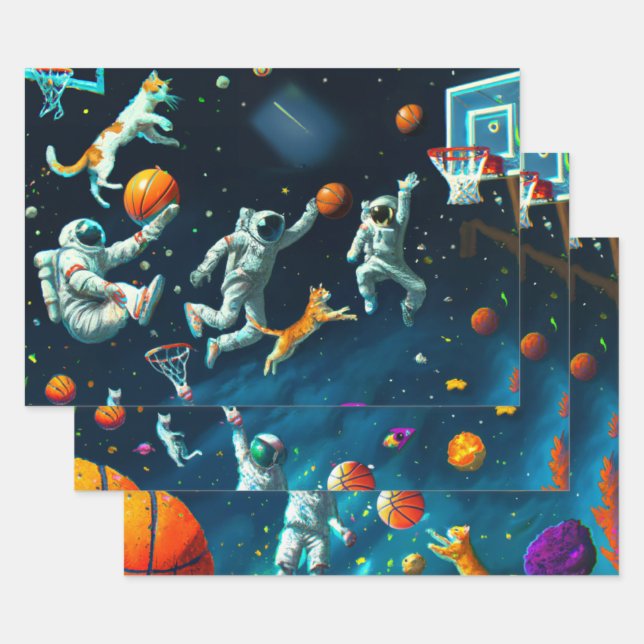 Katzen spielen Basketball im Weltraum mit Astronau Geschenkpapier Set (Set)