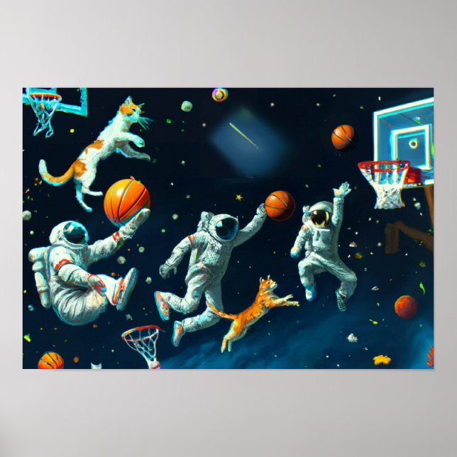 Katzen spielen Basketball im Weltraum mit Astronau Poster (Vorne)
