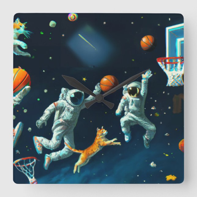 Katzen spielen Basketball im Weltraum mit Astronau Quadratische Wanduhr (Vorderseite)