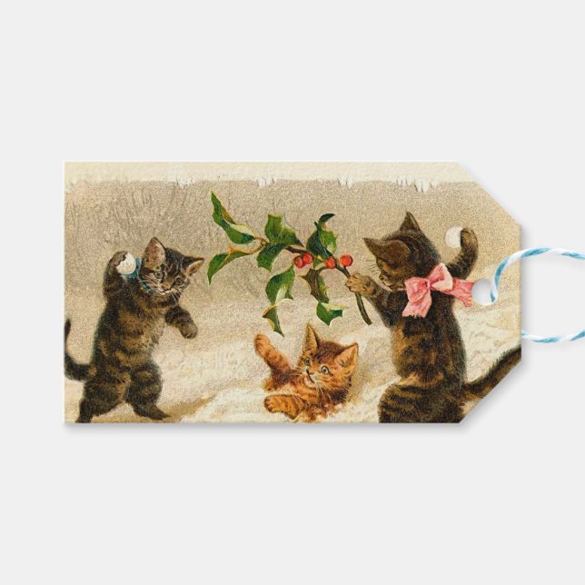 Katzen spielen im Schnee Vintage Weihnachten Geschenkanhänger (Vorderseite (Horizontal))