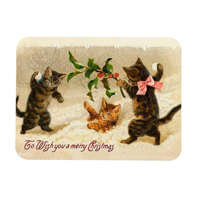 Katzen spielen im Schnee Vintage Weihnachtsmagnet Magnet (Horizontal)