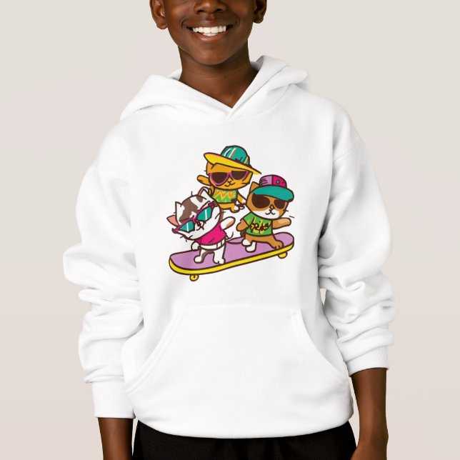 Katzen spielen Skateboard mit Brillen Hip Hop Hut Hoodie (Vorderseite)