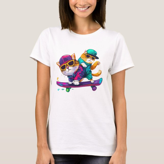 Katzen spielen Skateboard mit Brillen Hip Hop Hut T-Shirt (Vorderseite)
