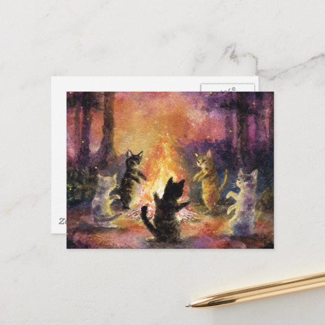 Katzen tanzen um das Feuer herum Postkarte (Vorderseite/Rückseite Beispiel)