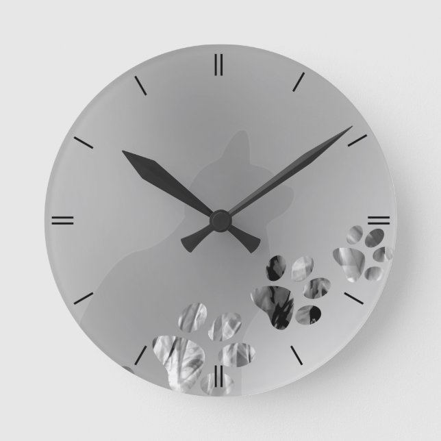 Katzen-Tatzen-Schwarzes u. Weiß Runde Wanduhr (Vorderseite)