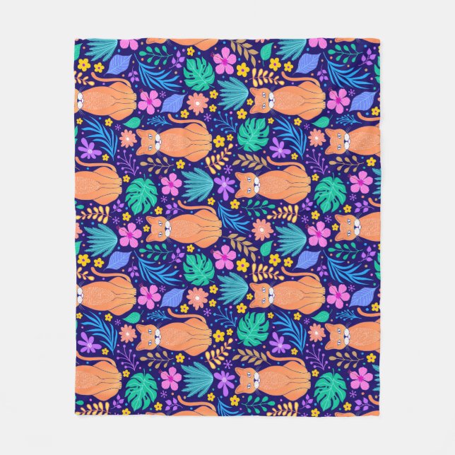 Katzen & tropische Blume: dunkles Muster Fleecedecke (Vorderseite)