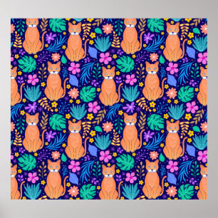 Katzen & tropische Blume: dunkles Muster Poster