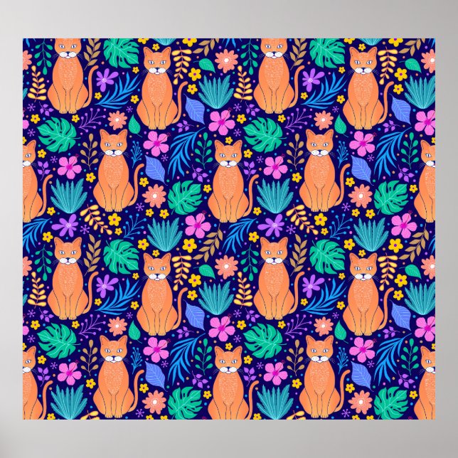 Katzen & tropische Blume: dunkles Muster Poster (Vorne)