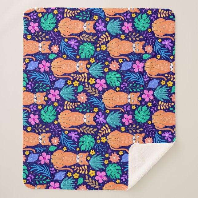 Katzen & tropische Blume: dunkles Muster Sherpadecke (Vorderseite)