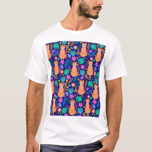 Katzen & tropische Blume: dunkles Muster T-Shirt