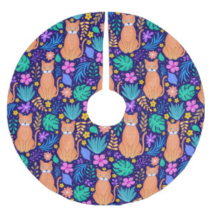 Katzen & Tropische Blumen: Dunkles Muster Polyester Weihnachtsbaumdecke