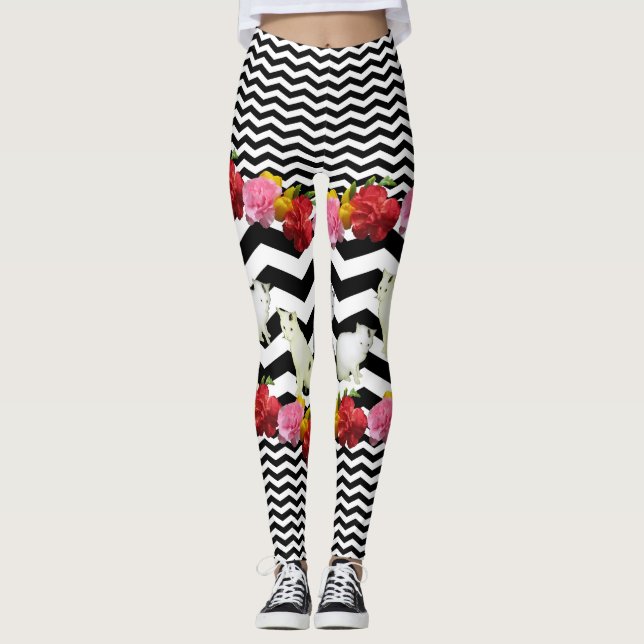 Katzen und Blume auf schwarz Zickzack Leggings (Vorderseite)