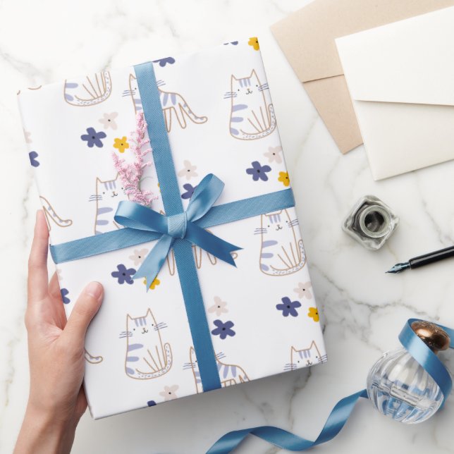 Katzen und Blume auf Weiß Geschenkpapier (Schenken)