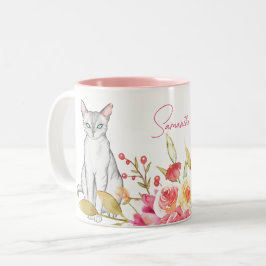 Katzen und Blume Personalisiert, rosa und weiß Zweifarbige Tasse