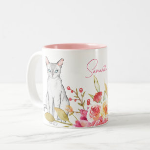 Katzen und Blume Personalisiert, rosa und weiß Zweifarbige Tasse