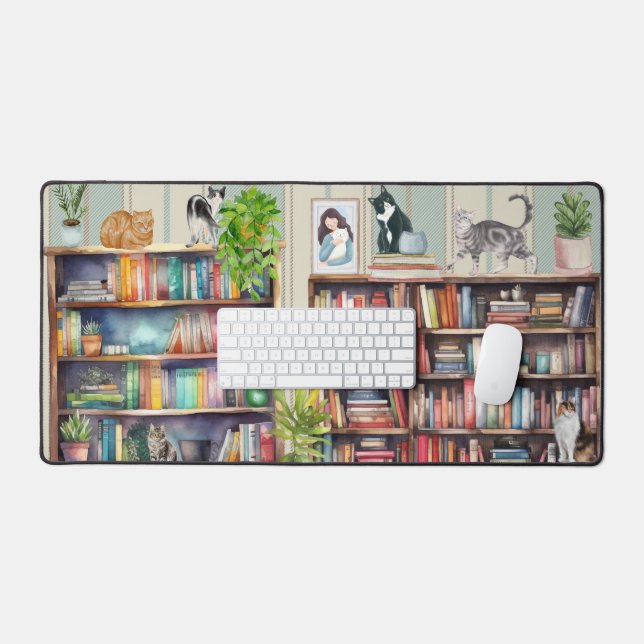 Katzen und Bücher Schreibtischunterlage (Tastatur & Maus)