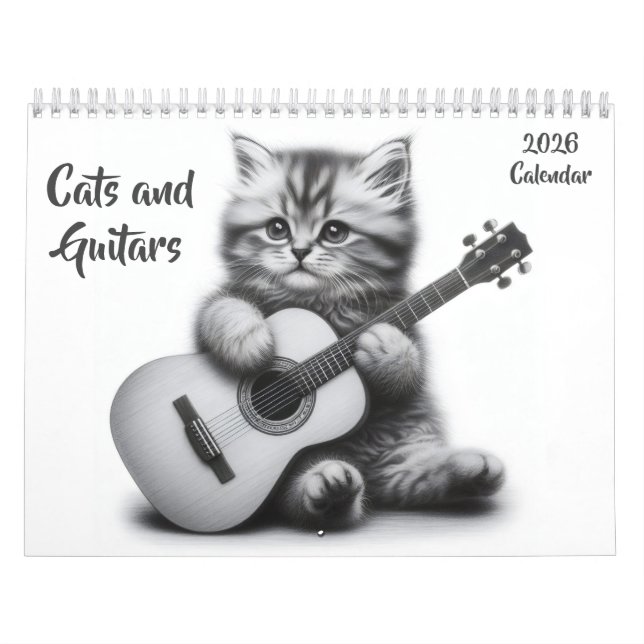 Katzen und Gitarren Schwarz und Weiß 2026 Kalender (Titelbild)