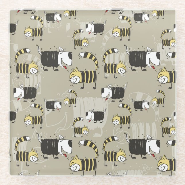 Katzen und Hunde: Funny Seamless Texture Glasuntersetzer (Vorderseite)