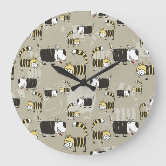 Katzen und Hunde: Funny Seamless Texture Große Wanduhr (Vorderseite)