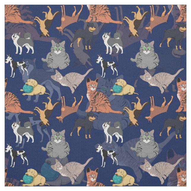 Katzen und Hunde Musterdesign auf Blau Stoff (Muster)