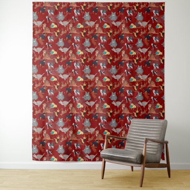 Katzen- und Hunde-Musterdesign auf Rot Wandteppich (Beispiel)