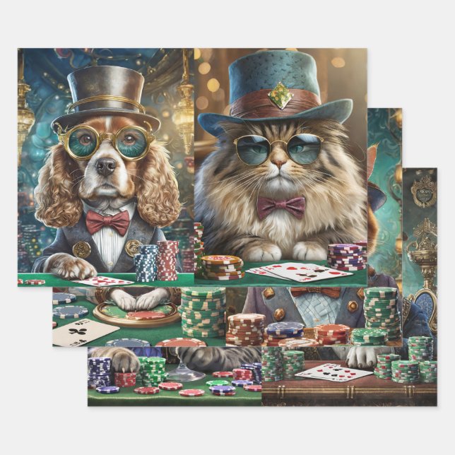 Katzen und Hunde Poker spielen, Salon Geschenkpapier Set (Set)