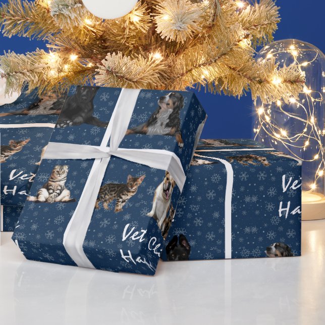 Katzen und Hunde Tierarzt auf blau Geschenkpapier (Feiertage)