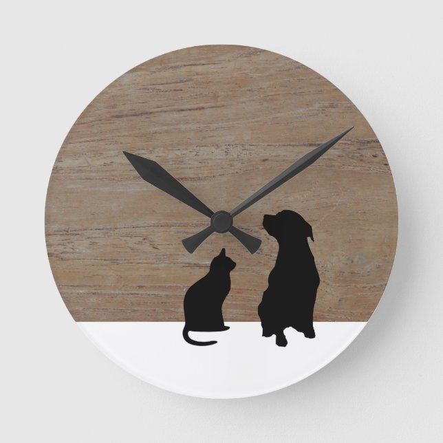 Katzen- und Hundeillustrations-Silhouetten auf Runde Wanduhr (Vorderseite)