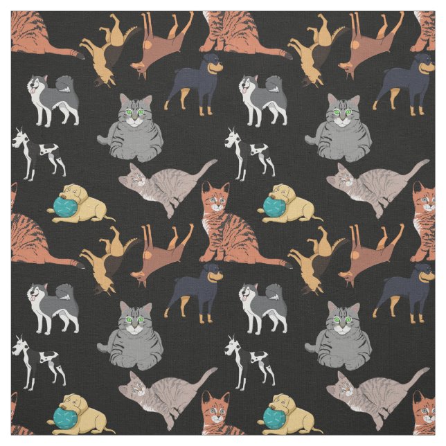Katzen- und Hundemusterdesign auf Schwarz  Stoff (Muster)