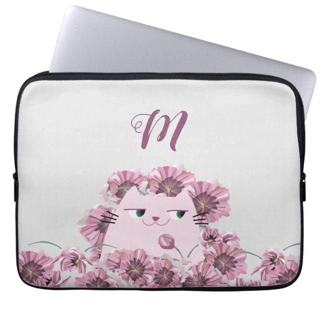 Katzen und violette Blumen Mit Monogramm Laptopschutzhülle (Vorderseite)