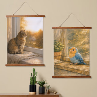Katzen- und Vogel-Fensterbegleiter-Teppich-Paar Wandteppich Mit Holzrahmen