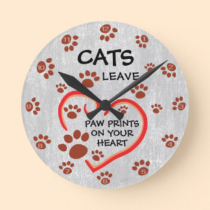Katzen Verließ Paw Prints auf Ihrem Herz dekorativ Runde Wanduhr