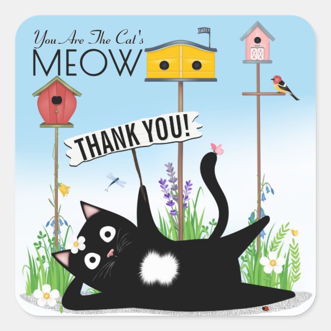 Katzen Vögel Garten Danke Quadratischer Aufkleber (Vorderseite)