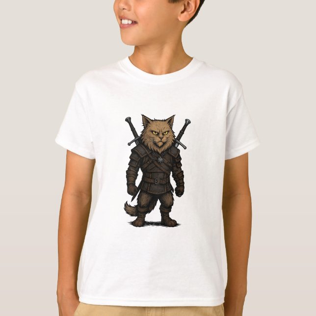 Katzen-Witcher – mittelalterlicher Fantasy-Krieger T-Shirt (Vorderseite)